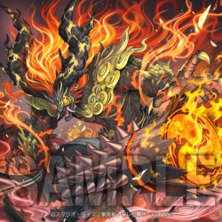  1boy abs anonymous_(yu-gi-oh!) ashtraja_susanoo club_(weapon) duel_monster fang fire holding holding_weapon horns kanabou official_art oni sample_watermark solo topless_male watermark weapon yu-gi-oh! 