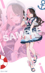  1girl anchor_symbol ankle_cuffs belt blue_bow blue_eyes blue_sandals blush bow breasts brown_hair commentary_request copyright_name copyright_notice dress frilled_wrist_cuffs frills full_body gun hair_bow hand_up hat highres holding holding_gun holding_water_gun holding_weapon isaya_(pixiv4541633) long_hair looking_at_viewer multicolored_hair neckerchief official_alternate_costume official_art one_eye_closed open_mouth pink_bow pink_hair pink_neckerchief sailor_collar sample_watermark sandals smile solo split-color_hair standing tachibana_hinano teeth thighs two-tone_hair violet_eyes virtual_youtuber vspo! water_gun watermark weapon white_ankle_cuffs white_belt white_bow white_dress white_hat white_sailor_collar white_wrist_cuffs wrist_cuffs zoom_layer 