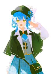  1girl :d absurdres bag bird_hat_ornament black_bag black_bow black_bowtie black_capelet black_hat blue_hair blue_necktie blue_skirt bow bowtie braid braided_hair_rings capelet collared_shirt commentary deerstalker grey_vest hair_bow hair_rings hat hat_bow highres layered_skirt long_sleeves looking_at_viewer mahou_shoujo_no_majo_saiban necktie open_mouth pireru_pp plaid_clothes plaid_skirt shirt short_hair simple_background skirt smile solo tachibana_sherry upper_body vest white_background white_shirt yellow_eyes 