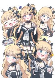  5girls :d arm_tattoo black_choker black_dress black_thighhighs blonde_hair blue_eyes blush_stickers bow braid cellphone center_frills choker closed_eyes closed_mouth collarbone commentary_request cross cross_earrings dress earrings fishnet_sleeves fishnets frilled_choker frilled_dress frilled_skirt frilled_sleeves frills garter_belt giorgio_(yo_sumire_sola1) hair_bow highres holding holding_phone jewelry jogasaki_noah long_hair long_sleeves looking_at_viewer mahou_shoujo_no_majo_saiban mole mole_under_eye multiple_girls multiple_views natsume_an-an nervous_sweating open_mouth phone saeki_miria sakuraba_ema sawatari_coco skirt smartphone smile sparkle squiggle sweat tattoo thigh-highs wide_sleeves 