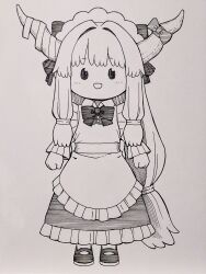  1girl :d absurdres alternate_costume apron blush bow bowtie clenched_hands commentary_request enmaided frilled_skirt frills greyscale hair_bow highres horn_bow horn_ornament horns ibuki_suika long_hair looking_at_viewer maid maid_apron maid_headdress mary_janes monochrome oni open_mouth poronegi shoes skirt smile solo touhou traditional_media very_long_hair 