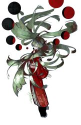  1girl absurdres animal_print bird_print black_shoes closed_eyes commentary_request dated floating_hair floral_print floral_print_kimono from_side full_body green_hair hand_on_own_chest hatsune_miku highres japanese_clothes kimono livibran long_hair obi obijime parted_lips print_kimono red_kimono sash shoes signature simple_background solo twintails very_long_hair vocaloid white_background 