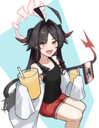  1girl absurdres artistic_error bad_perspective black_camisole black_hair black_horns blue_archive brown_eyes camisole coat collarbone commission cup demon_girl demon_horns demon_tail drink drinking_straw fang gehenna_academy_logo hair_intakes halo highres holding holding_cup horns incoming_drink kasumi_(blue_archive) long_hair long_sleeves looking_at_viewer off_shoulder open_mouth parted_bangs red_shorts shorts sidelocks sitting sleeves_past_fingers sleeves_past_wrists solo spottylen tail two-handed v-shaped_eyebrows white_coat 
