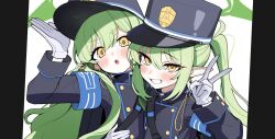  2girls blue_archive blue_hat blush commentary_request earrings gloves green_hair green_halo grin halo hat hikari_(blue_archive) jewelry long_hair long_sleeves looking_at_viewer multiple_girls nozomi_(blue_archive) open_mouth pointy_ears sak_(lemondisk) siblings sisters smile twintails very_long_hair white_gloves yellow_eyes 