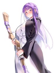  1girl absurdres blunt_bangs blush breasts cloak closed_mouth commentary curvy dress fern_(sousou_no_frieren) from_below highres holding holding_staff large_breasts long_dress long_hair long_sidelocks long_sleeves looking_at_viewer looking_down machulanko purple_cloak purple_hair sidelocks simple_background solo sousou_no_frieren staff standing straight_hair violet_eyes white_background white_dress wide_hips 