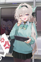  4girls absurdres anger_vein bag bandaid bandaid_on_finger bandaid_on_hand berserker_r black_hairband black_pantyhose black_skirt blue_eyes blue_pupils bow bowtie brand_name_imitation chinese_commentary commentary_request firefly_(honkai:_star_rail) gauze gauze_on_cheek green_bow green_bowtie green_sweater grey_hair hair_between_eyes hairband handheld_game_console highres holding holding_handheld_game_console honkai:_star_rail honkai_(series) long_hair long_sleeves multicolored_eyes multicolored_hairband multiple_girls nintendo_switch_2 one_eye_closed open_mouth pantyhose pink_eyes reflection school_bag shoulder_bag silver_wolf_(honkai:_star_rail) skirt smile sparkle_(honkai:_star_rail) sparxie_(honkai:_star_rail) stelle_(honkai:_star_rail) sweater tears trailblazer_(honkai:_star_rail) train_interior wiping_tears 