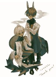  ahoge chair collared_shirt commentary_request crossed_arms crossed_bangs crossed_legs dark-skinned_male dark_skin earrings floating_earrings hair_between_eyes highres holding holding_smoking_pipe horns ice_god_(jimini_shijimi) invisible_floor jewelry jimini_shijimi lab_coat long_sleeves looking_ahead looking_at_viewer milestone_celebration necktie office_chair original pants pointy_ears shirt short_eyebrows short_hair simple_background sitting smoke smoking smoking_pipe smoking_pipe_in_mouth solo standing swivel_chair tail thank_you white-haired_man_(jimini_shijimi) white_background white_hair 