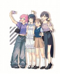  4girls :d absurdres ahoge anyoji_hime anyoji_hime_(hasu_no_shoushihenkei_no_kyuujitsu) azuma_(no488888) black_boots black_hair black_shoes black_skirt blue_eyes blue_shirt blue_sweater_vest blunt_bangs blunt_ends bob_cut boots braid brown_skirt cellphone center-flap_bangs commentary crop_top cropped_shirt dress flower flower-shaped_food flower_knot food frilled_dress frills full_body green_eyes grey_pants grey_shirt hair_flower hair_ornament hasu_no_shoushihenkei high_heel_boots high_heels highres holding holding_ice_cream_cone holding_phone holding_spoon ice_cream ice_cream_cone iphone jellyfish_cut kachimachi_kosuzu kachimachi_kosuzu_(hasu_no_shoushihenkei_no_kyuujitsu) katsuragi_izumi katsuragi_izumi_(hasu_no_shoushihenkei_no_kyuujitsu) loafers long_hair loose_pants love_live! love_live!_hasu_no_sora_jogakuin_school_idol_club mary_janes midriff momose_ginko momose_ginko_(hasu_no_shoushihenkei_no_kyuujitsu) multi-tied_hair multiple_girls navel open_mouth pants phone pinafore_dress pink_hair ponytail purple_shirt selfie shirt shoes short_hair side_braids sidelocks skirt sleeveless sleeveless_dress smartphone smile soft_serve spaghetti_strap spoon standing sweater_vest untranslatable_commentary utensil_in_mouth violet_eyes virtual_youtuber white_background white_dress 