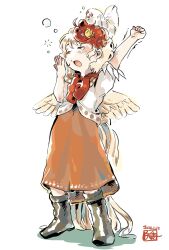  1girl animal_on_head arm_up baby_animal bird bird_on_head bird_tail blonde_hair blush boots brown_boots chick chicken commentary dated feathered_wings fingernails half-closed_eyes highres kokechankokko multicolored_hair neckerchief niwatari_kutaka on_head open_mouth orange_skirt red_hair red_neckerchief shirt skirt solo squeans tail tearing_up touhou two-tone_hair white_background white_shirt wings yawning 