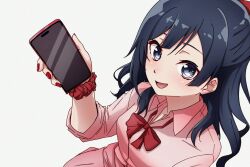  1girl black_hair breasts cellphone clothes_around_waist commentary grey_eyes gyaru gyarugasaki half_updo highres holding holding_phone jacket jacket_around_waist koukoutou_(seikoutoutei) long_hair looking_at_viewer love_live! love_live!_nijigasaki_high_school_idol_club medium_breasts official_alternate_hairstyle phone red_nails red_scrunchie scrunchie smartphone solo untranslatable_commentary wavy_hair white_background wrist_scrunchie yuki_setsuna 