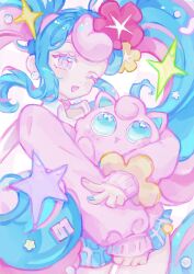  1girl absurdres blue_eyes blue_hair blue_nails cardigan choker collared_sweater earrings fairy_miku_(project_voltage) flower hair_flower hair_ornament hatsune_miku heart heart_choker highres holding holding_pokemon jewelry jigglypuff loose_socks malfuncio multicolored_hair neckerchief one_eye_closed pearl_earrings pink_cardigan pink_choker pink_hair pink_nails pink_sweater pokemon pokemon_(creature) project_voltage red_flower scrunchie socks sparkle star_(symbol) sweater twintails two-tone_hair vocaloid white_background white_neckerchief wrist_scrunchie yellow_flower yellow_scrunchie 