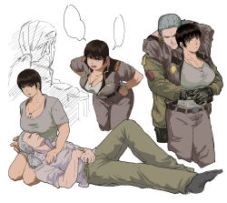  1boy 1girl absurdres anavel_gato anger_vein arms_around_neck black_gloves black_hair blank_speech_bubble bomber_jacket dog_tags earth_federation fuyuanning genderswap genderswap_(mtf) gloves gundam gundam_0083 hetero highres jacket kou_uraki lap_pillow military_uniform multiple_views shirt speech_bubble tank_top watch white_background white_hair white_shirt white_tank_top 