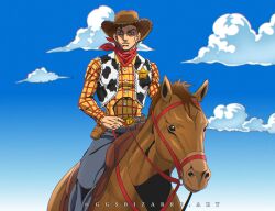  1boy animal_print animification araki_hirohiko_(style) brown_hair bullseye_(toy_story) cow_print cowboy cowboy_hat ggs_cihuy hat highres jojo_no_kimyou_na_bouken long_sleeves male_focus sheriff_woody shirt short_hair simple_background steel_ball_run toy_story toy_story_2 vest 