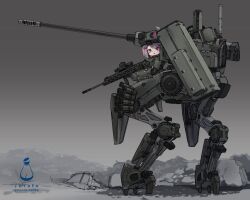  1girl absurdres artist_name autocannon cannon commentary_request digitigrade goggles goggles_on_head gun hair_ornament hairclip head-mounted_display highres holding holding_gun holding_weapon joints looking_at_viewer machine_gun mecha_musume missile_pod original purple_hair robot_joints science_fiction smoke_grenade_launcher solo soruto_0w98e standing violet_eyes weapon 