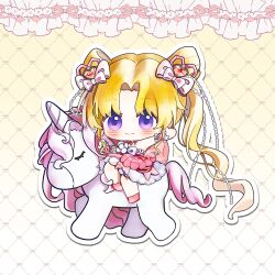  1girl absurdly_long_hair argyle_background back_bow bead_necklace beads blonde_hair bow chibi chinese_commentary closed_mouth commentary_request cone_hair_bun curtains double_bun dreamtime_bestowed_(infinity_nikki) dress eyelashes eyes_visible_through_hair frilled_wrist_cuffs frills gradient_background hair_beads hair_bow hair_bun hair_ornament heart heart_hair_ornament highres horseback_riding infinity_nikki jewelry large_bow layered_dress light_blush long_hair looking_at_viewer medium_dress neck_ribbon necklace nikki_(series) outline outstretched_arm parted_bangs pink_bow pink_dress pink_ribbon pink_shoes pink_wrist_cuffs ribbon riding shoes smile solo strapless strapless_dress tareme twintails two-tone_background unicorn very_long_hair violet_eyes waving wavy_hair white_background white_dress white_outline wrist_cuffs xiaojin_cicizi yellow_background 