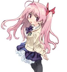  1girl antenna_hair arms_behind_back black_pantyhose blue_ribbon blue_skirt bow chaos;head commentary_request gossmm10ws hair_bow highres jacket long_hair neck_ribbon one_side_up open_mouth pantyhose petticoat pink_eyes pink_hair plaid_clothes plaid_ribbon plaid_skirt pleated_skirt red_bow ribbon sakihata_rimi school_uniform science_adventure simple_background skirt smile solo standing white_background yellow_jacket 