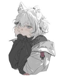  1girl anchovy_yaro animal_ears black_hair black_shirt blue_eyes blush dog_ears dog_girl double-parted_bangs hair_intakes happy highres jacket kmnz light_smile looking_at_viewer medium_hair multicolored_hair pointy_ears shirt simple_background solo tina_(kmnz) white_background white_hair white_jacket 