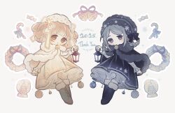  2025 2girls bell black_boots black_cape black_dress blonde_hair boots braid braided_hair_rings brown_boots brown_eyes candy candy_cane cape capelet christmas_ornaments christmas_wreath closed_mouth commentary_request dot_mouth dress english_text food frilled_sleeves frills fur-trimmed_boots fur-trimmed_cape fur-trimmed_headwear fur_trim gold_trim grey_eyes grey_hair hair_ornament hair_rings highres holding holding_lantern jingle_bell lantern light_blush lolita_fashion long_sleeves multiple_girls naiguozi new_year no_pupils original pantyhose petticoat ribbon snow_globe snowflake_hair_ornament snowflake_print star_(symbol) star_hair_ornament star_print white_capelet white_dress white_trim winter_clothes wreath 