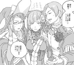  1boy 2girls bob_cut bowl_cut commentary_request diagonal_bangs double_bun fire_emblem fire_emblem:_fortune's_weave flower greyscale hair_bun hair_flower hair_ornament highres hong_hua_(fire_emblem) mole mole_under_each_eye mole_under_eye monochrome multiple_girls multiple_moles short_hair sweatdrop trait_connection tsujii_luki 