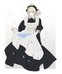  1girl apron black_dress black_ribbon blonde_hair blue_eyes blue_petals border braid commentary_request crown_braid dress falling_petals final_fantasy final_fantasy_xv grey_background hair_between_eyes hair_ribbon highres hyohls2_(hamao3o) korean_commentary light_smile long_dress long_hair long_sleeves lunafreya_nox_fleuret maid maid_apron parted_lips petals ponytail puffy_long_sleeves puffy_sleeves ribbon solo white_apron white_border white_wrist_cuffs wrist_cuffs 