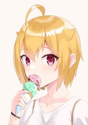  1girl absurdres ahoge blonde_hair blush bracelet collarbone commentary_request double-parted_bangs food hair_between_eyes hair_flaps highres holding holding_ice_cream_cone ibuki_tsubasa ice_cream ice_cream_cone idolmaster idolmaster_million_live! idolmaster_million_live!_theater_days jewelry looking_at_viewer medium_hair necklace red_eyes shirt short_sleeves sidelocks simple_background solo star_(symbol) star_necklace upper_body waffle_cone white_background white_shirt yachima 