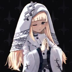  1girl bib_collar black_background blonde_hair commentary_request cross cross_earrings cross_ornament dress earrings frilled_dress frilled_sleeves frills grey_eyes highres hikami_meruru jewelry long_hair long_sleeves looking_at_viewer mahou_shoujo_no_majo_saiban one_eye_closed priestess pursed_lips solo upper_body veil wgz5432 white_dress white_veil wide_sleeves 