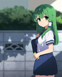  1girl alternate_costume bag blue_bag blue_neckerchief blue_sailor_collar blue_skirt blurry breasts brick_wall closed_mouth commentary_request contemporary day depth_of_field green_eyes green_hair hair_tubes highres holding holding_phone kochiya_sanae looking_at_viewer neckerchief necono_(nekonosora1207) outdoors phone sailor_collar school_bag school_uniform shadow shirt single_hair_tube skirt small_breasts solo touhou white_shirt 