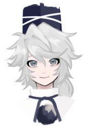  1girl closed_mouth grey_eyes grey_hair hat highres looking_ahead looking_at_viewer medium_hair mone6767 mononobe_no_futo portrait simple_background smile solo straight-on tate_eboshi touhou white_background 