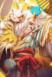  1girl absurdres alternate_costume braid checkered_background fate/grand_order fate_(series) flower hair_flower hair_ornament hair_over_one_eye hand_fan highres horns japanese_clothes kimono long_hair long_sleeves looking_at_viewer m0_chi mask obi olga_marie_animusphere oni_mask sash side_braid single_horn smile solo u-olga_marie white_hair wide_sleeves yellow_eyes 