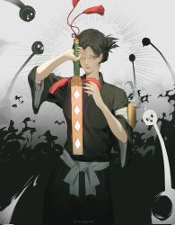  1girl belt black_hair black_kimono bleach bleach:_sennen_kessen-hen breasts closed_mouth commentary commission cowboy_shot english_commentary glasses grey_eyes halo highres holding holding_sword holding_weapon ise_nanao japanese_clothes kimono looking_at_viewer medium_breasts medium_hair parted_bangs shihakusho solo sword tassel twitter_username updo vgen_commission weapon white_belt yorumudts 