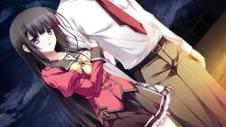 1boy 1girl 2000s_(style) arms_at_sides belt black_belt black_eyes black_hair black_pants black_sailor_collar black_skirt blunt_bangs bow bowtie buttons clouds cross-laced_clothes double-breasted double_arm_hug dress_shirt dutch_angle fence forest frilled_skirt frills game_asset hachimori_hinoto head_out_of_frame juliet_sleeves legs_together long_hair long_sleeves miniskirt mountain nature necktie night non-web_source on_ground orange_memories outdoors pants parted_lips playground pleated_skirt puffy_sleeves red_necktie red_shirt ribbon_trim sailor_collar school_uniform self-datamine shirt skirt sky sleeve_cuffs standing star_(sky) yellow_bow yellow_bowtie zinno
