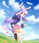  animal_ears bunny_ears bunny_tail long_hair looking_back mauve meadow open_mouth petals purple_hair rabbit_ears red_eyes reisen_udongein_inaba salute skirt smile solo standing_on_one_leg tail touhou very_long_hair 