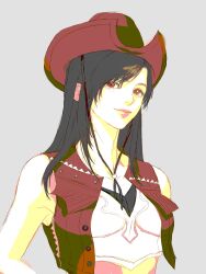  1girl absurdres bare_shoulders black_hair brown_hat brown_vest closed_mouth collarbone commentary cowboy_hat crisis_core:_final_fantasy_vii crop_top eyelashes final_fantasy final_fantasy_vii final_fantasy_vii_rebirth final_fantasy_vii_remake grey_background hat highres lineart lips long_hair looking_at_viewer open_clothes open_vest pink_lips qieko36 red_eyes solo swept_bangs tifa_lockhart tifa_lockhart_(cowgirl) upper_body vest 