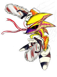  1boy absurdres animal_ears animal_nose arm_blade arm_mounted_weapon biomechanical black_gloves black_sclera black_shoes blade_arm blood blood_on_weapon body_fur body_horror cable chainsaw colored_sclera colored_skin commentary concept_art demon_boy english_commentary extra_mouth extra_teeth eyepatch full_body furry furry_male gloves hedgehog_boy highres horror_(theme) misplaced_mouth monster multicolored_gloves multicolored_shoes purple_skin red_eyes sharp_teeth shoes simple_background sketch socks solo sonic.exe sonic_(series) starpunz tail teeth two-sided_gloves two-tone_gloves weapon white_background white_gloves white_shoes white_socks yellow_fur 