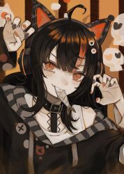  1girl ahoge animal_ear_headphones animal_ears belt_collar black_hair black_nails black_sweater cat_ear_headphones cat_ears choker claw_pose collar commentary_request eyeball_hair_ornament fake_animal_ears fish_in_mouth headphones highres korean_commentary long_sleeves looking_at_viewer mahou_shoujo_no_majo_saiban medium_hair misaame multicolored_hair off-shoulder_sweater off_shoulder orange_eyes orange_nails orange_streaks sawatari_coco sharp_teeth shirt single_bare_shoulder solo streaked_hair sweater teeth upper_body white_shirt 