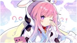  1girl 2021 animal_costume bell_bow blue_hair blue_nails bow bowtie cellphone closed_mouth commentary_request compile_heart cow_costume cow_print_pajamas gradient_hair holding holding_phone ileheart long_hair lying multicolored_hair nail_polish official_artist_extra on_stomach one_eye_closed phone pink_hair pink_nails red_bow red_bowtie rubbing_eyes signature sleepy smartphone solo star-shaped_pupils star_(symbol) symbol-shaped_pupils tsunako under_covers violet_eyes virtual_youtuber 