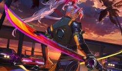  1boy car cohoochiedust cowboy_shot heartsteel_yone highres holding holding_sword holding_weapon league_of_legends long_hair looking_at_viewer looking_back male_focus motor_vehicle palm_tree solo sunset sword tree vehicle_request very_long_hair watermark weapon yone_(league) 