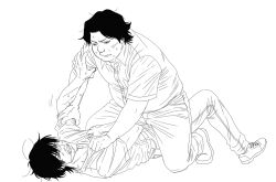  2boys angry collared_shirt fat fat_man fighting full_body genshiken greyscale haraguchi_(genshiken) highres kano_kino lineart monochrome multiple_boys nose oc_x_canon original pants sharp_teeth shirt short_sleeves simple_background suwa_machi_(kano_kino) sweat t-shirt teeth white_background 
