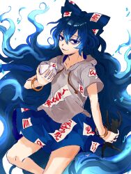  1girl bangle blue_bow blue_eyes blue_hair blue_skirt bow bowl bracelet commentary_request grey_hoodie hair_between_eyes hair_bow highres holding holding_bowl hood hoodie jewelry kuya_(hey36253625) long_hair looking_at_viewer short_sleeves skirt smile solo stuffed_animal stuffed_cat stuffed_toy touhou very_long_hair yorigami_shion 