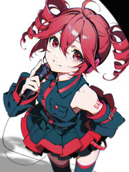  1girl absurdres ahoge bare_shoulders black_shirt black_skirt black_sleeves black_thighhighs collared_shirt detached_sleeves drill_hair hair_between_eyes hatsutahaku highres holding holding_microphone kasane_teto kasane_teto_(utau) long_hair looking_at_viewer microphone number_tattoo red_eyes red_hair red_trim shirt shoulder_tattoo simple_background skirt sleeveless sleeveless_shirt smile solo tattoo thigh-highs twin_drills utau white_background 