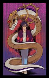  1boy abstract_background animal armor blank_stare brown_hair brown_shoes closed_mouth commentary_request denim digimon digimon_(creature) digimon_beatbreak earrings fangs giant_snake gold_armor gold_jewelry heliosboamon highres jeans jewelry mas_square mind_control open_clothes open_shirt oversized_animal pants red_eyes red_shirt ring shirt shoes single_earring snake t-shirt tenma_asuka third_eye twitter_username white_shirt white_snake 