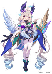  1girl :d ahoge aqua_nails bird_tail blonde_hair blush bow commentary_request copyright_notice detached_sleeves enna_alouette enna_alouette_(1st_costume) flower full_body hair_bow hair_flower hair_ornament hand_up head_wings highres hood hood_down kt._(kaisou-notagui) long_hair looking_at_viewer low_twintails low_wings nijisanji nijisanji_en official_art open_mouth pantyhose promotional_art simple_background smile solo tachi-e tail twintails very_long_hair violet_eyes virtual_youtuber white_background white_pantyhose wings 