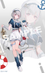  1girl arm_warmers asumi_sena blue_leg_warmers blue_shirt closed_mouth commentary_request copyright_name copyright_notice cross_hair_ornament full_body grey_hair hair_ornament hat highres holding holding_lantern isaya_(pixiv4541633) lantern leg_warmers leo_(asumi_sena) looking_at_viewer multicolored_hair multiple_tails neckerchief official_alternate_costume official_art pink_eyes pink_hair sailor_collar sample_watermark shirt shoes short_hair short_sleeves shorts smile solo standing streaked_hair striped_arm_warmers tail two_tails virtual_youtuber vspo! watermark white_hat white_neckerchief white_sailor_collar white_shoes white_shorts zoom_layer 