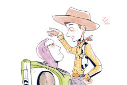  2boys animal_print animification brown_hair buzz_lightyear cow_print cowboy cowboy_hat hat long_sleeves male_focus multiple_boys nhbzzdy sheriff_woody shirt short_hair simple_background spacesuit toy_story vest white_background 