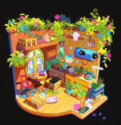  absurdly_detailed_composition black_background black_cat box cardboard_box carpet cat chair commentary diorama dreaming fish flower_pot highres loaded_interior mengxuanliart no_humans nose_bubble original paw_print phone photo_(object) plant plate potted_plant sleeping snow_globe speech_bubble table thought_bubble untranslatable_commentary vase vines white_cat window 