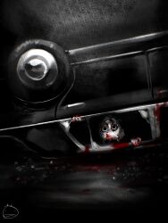  1girl absurdres blood blood_on_ground blood_on_hand broken_window car car_crash commentary dress english_commentary glass_shards highres horror_(theme) kagurabachi looking_at_viewer monochrome motor_vehicle short_hair solid_circle_eyes solo toto_(kagurabachi) upside-down white_hair wide_shot yowhza 