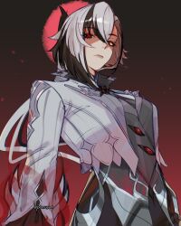  1girl arlecchino_(genshin_impact) artist_name black_background black_eyes black_hair black_pants breasts closed_mouth commentary cropped_jacket crossed_bangs english_commentary eyelashes floating_hair frilled_sleeves frills gem genshin_impact glowing glowing_eye gradient_background grey_vest hair_between_eyes highres jacket lapels large_breasts long_hair long_sleeves looking_at_viewer low_ponytail multicolored_hair open_clothes open_jacket pants parted_bangs pomuya ponytail red_background red_gem red_pupils serious shirt solo streaked_hair symbol-shaped_pupils twitter_username vest white_hair white_jacket white_shirt x-shaped_pupils 