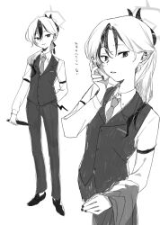  1girl absurdres alternate_costume blue_archive bright_pupils cellphone collared_shirt commentary_request demon_horns demon_wings earrings full_body hair_between_eyes hair_over_shoulder halo hand_up highres holding holding_phone holding_unworn_clothes holding_unworn_jacket horns jacket jewelry kayoko_(blue_archive) kisaka long_hair long_sleeves low_twintails multicolored_hair multiple_views nail_polish necktie pants phone ponytail shirt shoes simple_background single_wing smartphone smile twintails unworn_jacket vest wings 