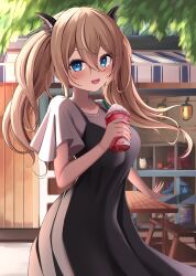  1girl absurdres bench black_dress black_horns blonde_hair blue_eyes building collarbone cowboy_shot dragon dragon_horns dress drink drinking_straw fan_request fang highres holding holding_drink horns long_hair mariel_(p&amp;d) noria_nada open_mouth outdoors pinafore_dress puzzle_&amp;_dragons shirt short_sleeves skin_fang sleeveless sleeveless_dress solo table tamadra twintails white_shirt wide_sleeves window wooden_bench wooden_table 