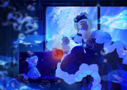  1girl 2boys absurdres air_bubble animal_hat apple bare_shoulders bird blue_theme boots brown_hair bubble caustics closed_mouth commentary_request elbow_gloves food fruit gem gloves hat highres long_hair looking_back mawaru_penguindrum multiple_boys pearl penguin penguin_hat pink_eyes planet030716239 princess_of_the_crystal spot_color stuffed_animal stuffed_toy takakura_himari takakura_kanba takakura_shouma teddy_bear train_interior underwater 